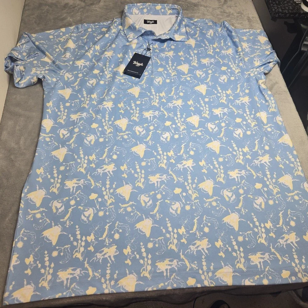 Waggle Buzzin Polo Shirt Mens 2XL Blue Bee Floral Print Performance Stretch New - Picture 2 of 6